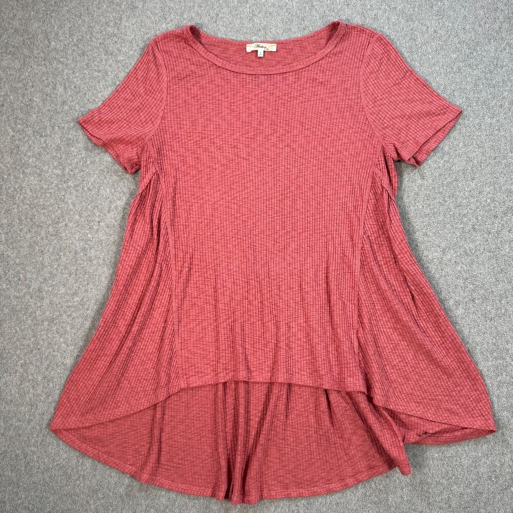 Andree by Unit Ribbed High Low Tunic Size Large Rose Short Sleeve Raw Hem Modest